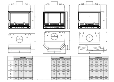 19 kW Kamineinsatz wasserf. / Prismatische Scheibe geteilt 2,5 b